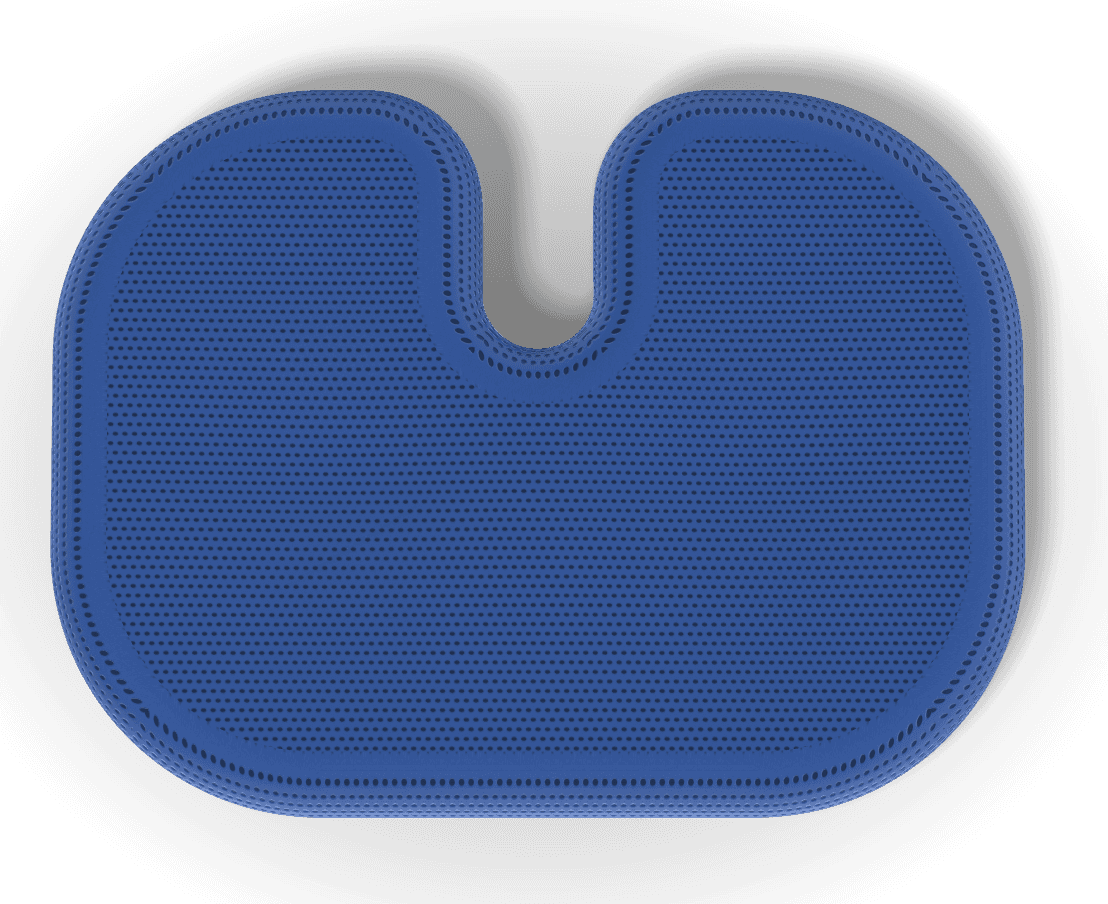 Blue cushion from above, showing the U-shaped tailbone cutout
